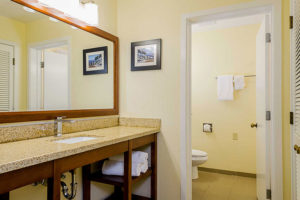 vanity and toilet in two queen beds room